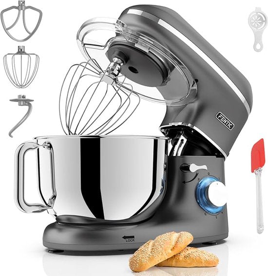 Merkloos / Sans marque Keukenmachine - Standmixer en Deegmixer 1500 W - RVS Kom 7,8 L - Extra Kom 1,5 L - Instelbare Snelheden (6) + Puls - Deeghaak, Garde, Klopper
