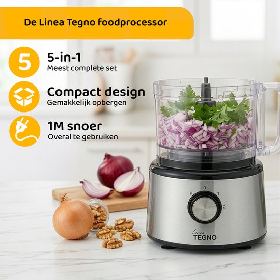 Linea Tegno Food Processor PRO-FP8001 - 5-in-1 RVS keukenmachine: blender, hakmolen, groentesnijder, citruspers en mixer in één. Voor groenten, fruit, noten, soepen, deegsoorten. 2,3L kom - Sinaasappels persen. 2,7L blender voor smoothies shakes