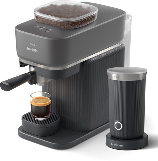 Philips Baristina + Melkopschuimer Bundel - BAR308/60 - Semi-Automatische Espressomachine - Pistonmachine - Koffiemachine met bonen - 2026 Editie - Zwart(Zwart/Losse melkopschuimer)