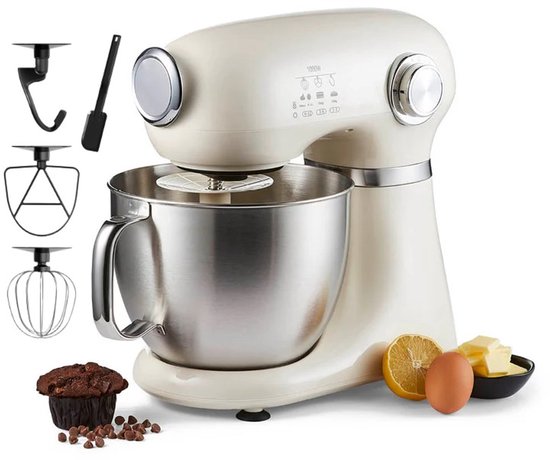 Swiss Haus® KM2005 Keukenmachine – 1000W Keukenrobot – 5L RVS Mengkom met Handgreep – 12 Snelheden – Retro Design – Multifunctionele Keukenmixer met Accessoires - Crème(Creme)