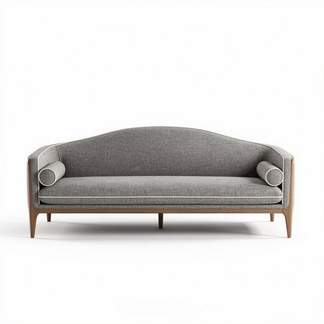Grijze stoffen bank met houten poten en ronde kussens 180 x 80 x 80cm