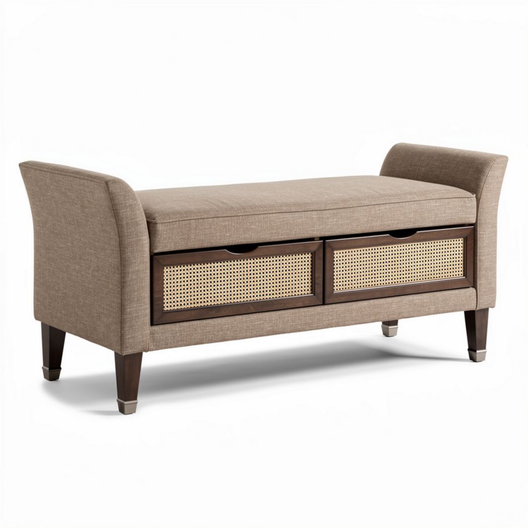 Opbergbank van stof met rieten vakken en houten poten 120 x 50 x 45cm
