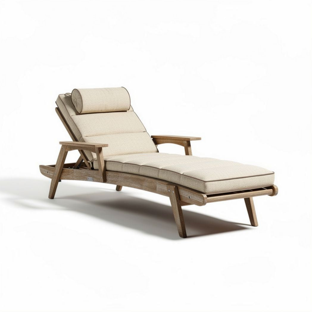 Ligstoel van hout met kussens en verstelbare rugleuning in beige 200 x 70 x 90cm