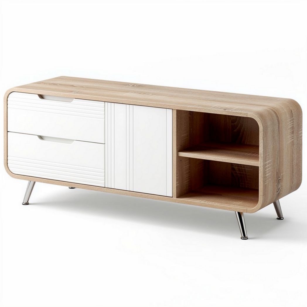 Moderne salontafel van hout met witte lades en open vakken 120 x 40 x 45cm