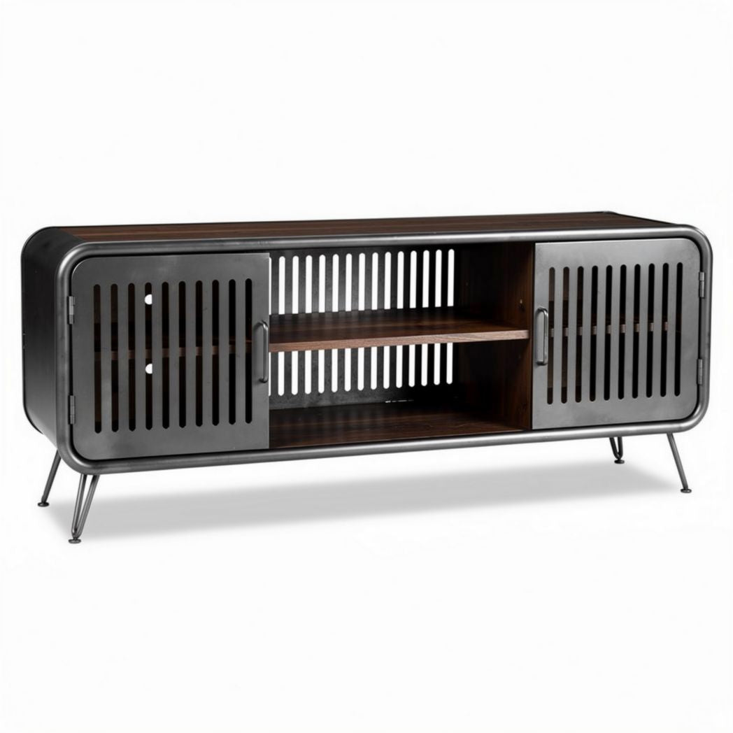 Industrieel metalen tv-meubel met houten blad en open schappen 150 x 50 x 70cm