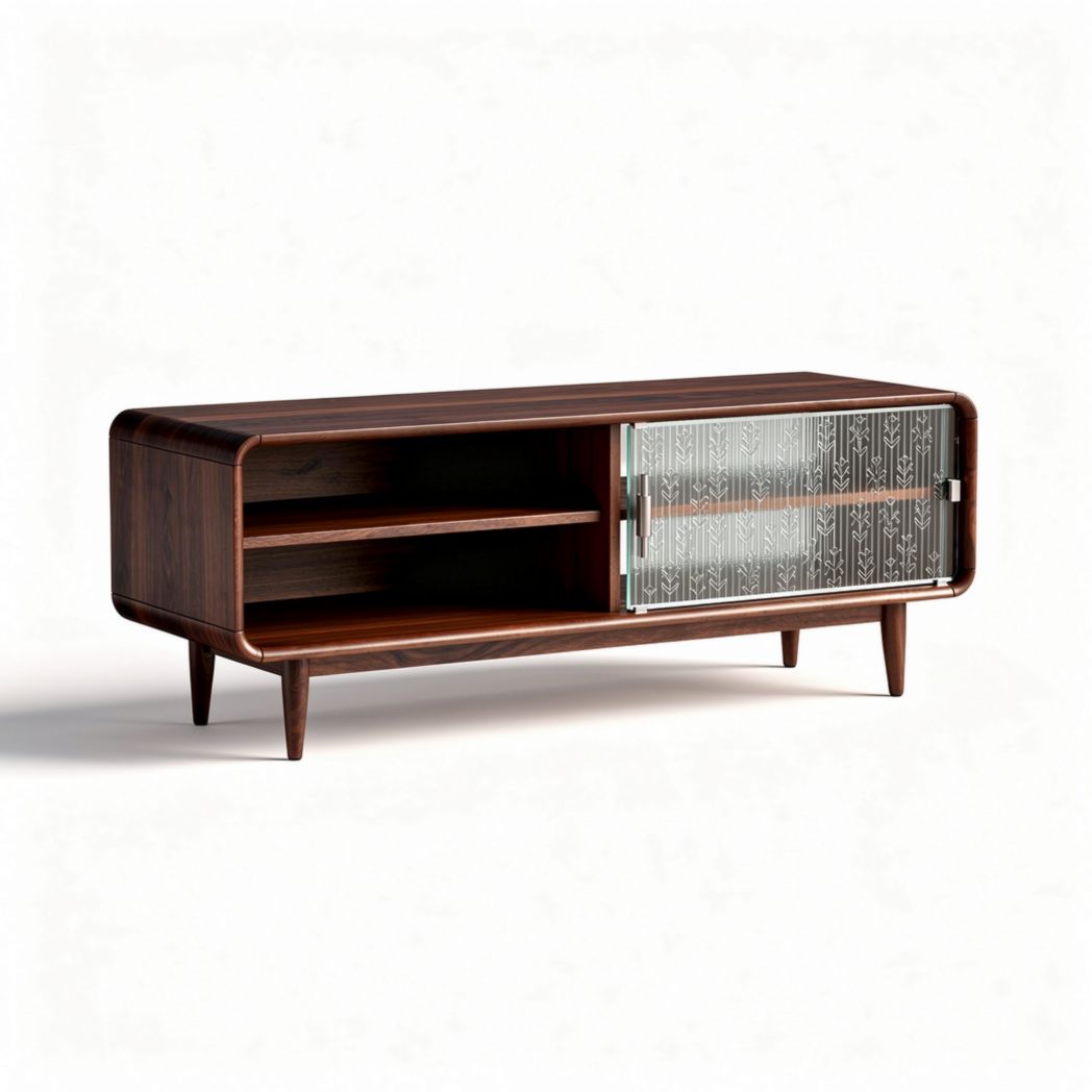 Tv-kast van hout met glazen deur en open planken 150 x 45 x 60cm