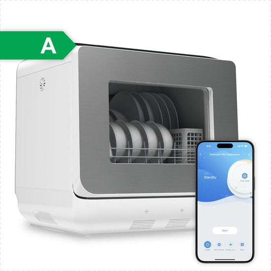 Amenzo® - Mini Vaatwasser - Inclusief App - Energielabel A - 900 Watt - 5 Programma's - Wit - Afwasmachine - Met Waterreservoir(Wit， RVS)