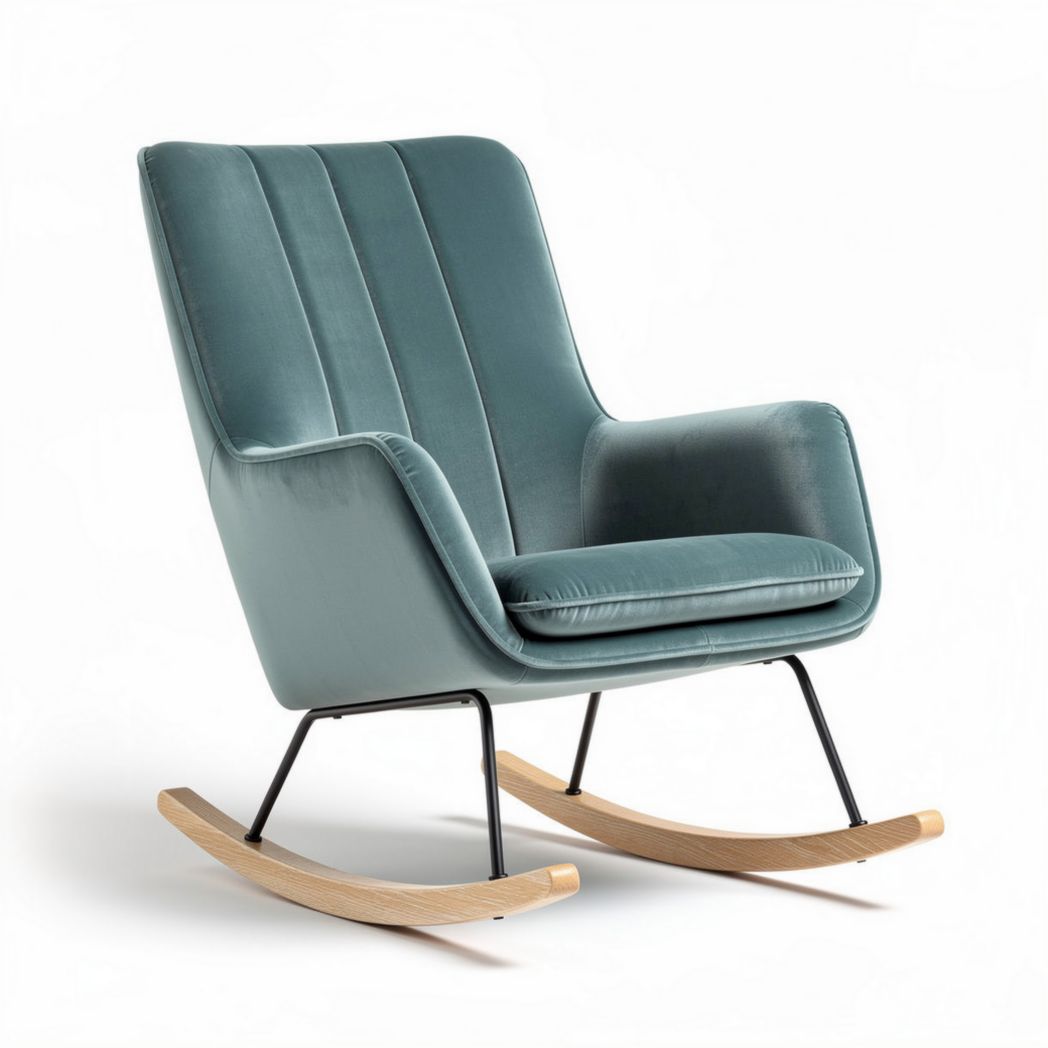 Schommelstoel van stof met houten rockers in groen 80 x 70 x 100cm
