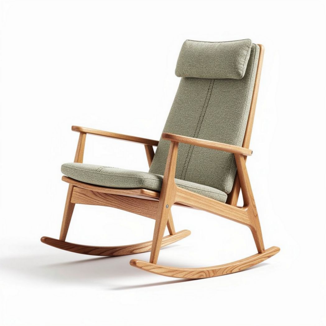 Schommelstoel van hout met comfortabele stoffen bekleding in lichtgroen 85 x 70 x 100cm