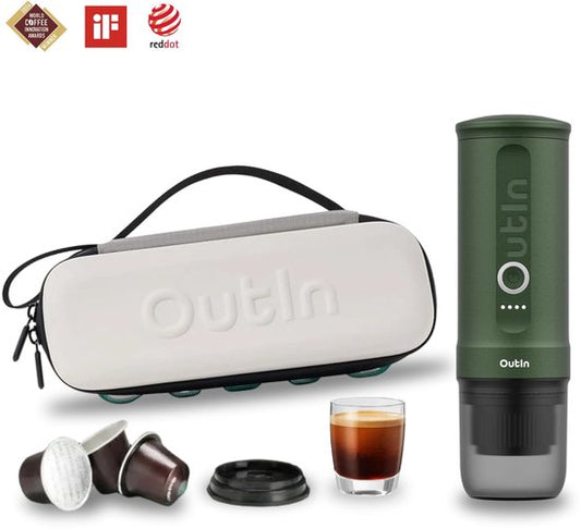 Outin Nano Bundle Draagbaar Koffiezetapparaat Compact Espresso Apparaat | Oplaadbaar | Voor Onderweg | Geschikt Voor Capsules En Gemalen Koffie | Reizen Camping Auto Gebruik(OutIn - Nano Reisset Groen)