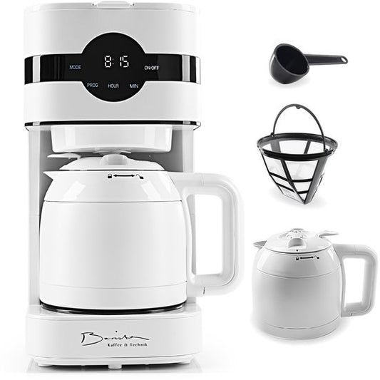 Barista Filterkoffiezetapparaat met Thermoskan – Filterkoffiemachine met aanraakscherm en timerfunctie, inclusief permanent filter. 900 W vermogen, 1,25 L watertank – genoeg voor 8 kopjes heerlijke koffie(Wit met thermoskan)