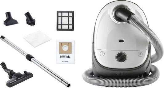 Nilfisk One wit, stofzuiger met zak, compacte stofzuiger, krachtige zuigkracht, instelbare zuigkracht, wendbaar, eenvoudig op te bergen