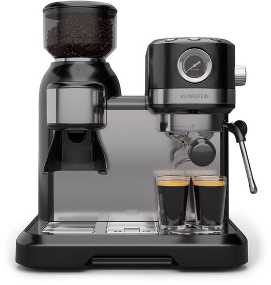 Klarstein Koffiemachine Bella Café portafiltermachine Met Maalwerk – 19 Bar, 1.550 W, 1,4-l-Watertank, Ingebouwd Kegelmaalwerk, Melkopschuimer, 2 Tasseninzetten, Thermo-blok, Zwart - Espressomachine,4L - voor Keuken - LED(Zwart)