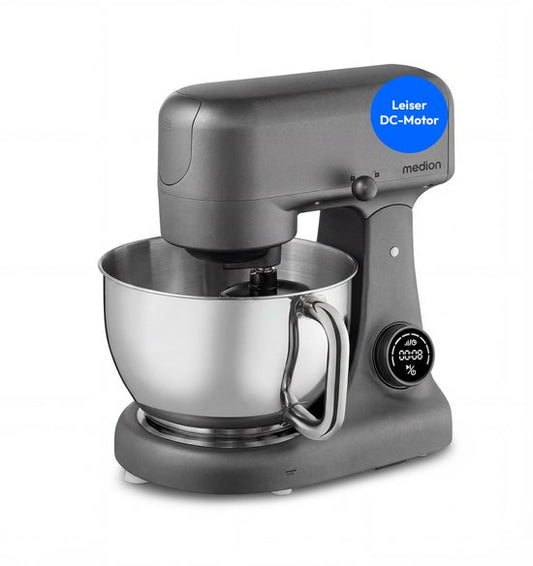 MEDION keukenmachine met vleesmolen (800 watt, gelijkstroommotor, roestvrijstalen kom van 4,6 liter, energiebesparend, zeer stil, digitaal sensor-touchdisplay, MD12600) Titanium(titanium)