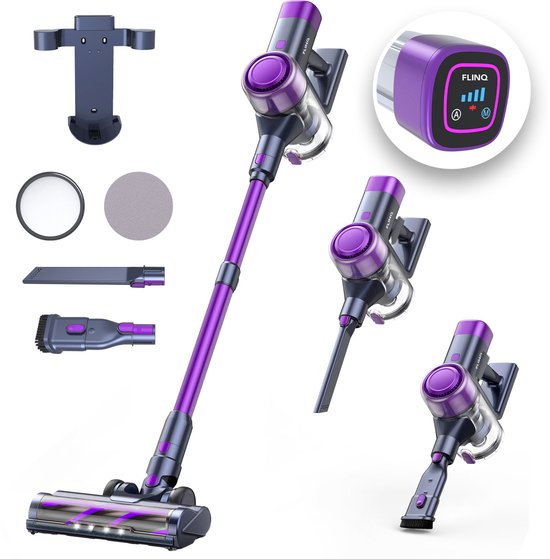 FlinQ Vacuum Cleaner V12 Pro - Steelstofzuiger Draadloos - Stofzuiger zonder Zak - Met Duurzame Accu - Snoerloos en geschikt als Kruimeldief - Paars(Kierenzuigmond， Muuroplaadstation， 1 accu， Dierenharenborstel)