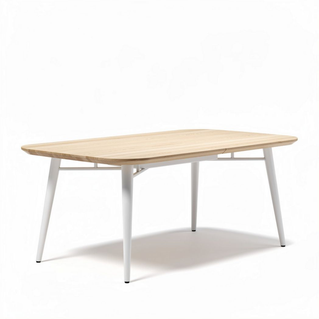 Houten eettafel van 150 x 80 x 75cm met witte metalen poten