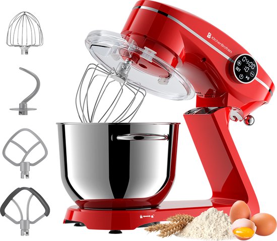 KitchenBrothers Keukenrobot - Keukenmachine - Touch Display en Timer - 6,2L - 1800W - Keukenmixer - Aluminium - Rood(1800W Display， Rood)