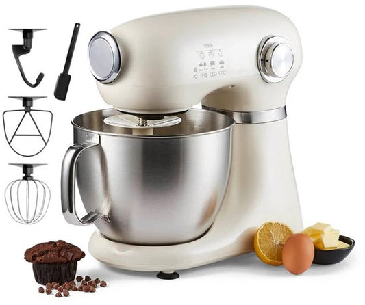 Swiss Haus® KM2005 Keukenmachine – 1000W Keukenrobot – 5L RVS Mengkom met Handgreep – 12 Snelheden – Retro Design – Multifunctionele Keukenmixer met Accessoires - Crème(Creme)